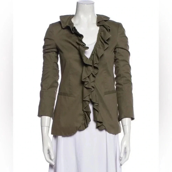 Alice + Olivia Dark Olive Blazer Distressed Ruffle Embellishment & Stand Collar - Picture 1 of 8